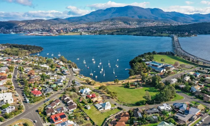 View of Hobart city in Australia and River Derwent.