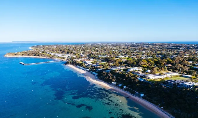 An aerial shot of the Mornington Peninsula, near the towns of Portsea and Port Phillip Bay in Victoria, Australia.