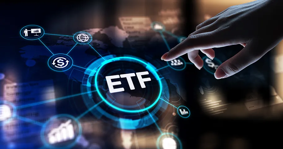 Graphic of finger about to push ETF button on digital screen
