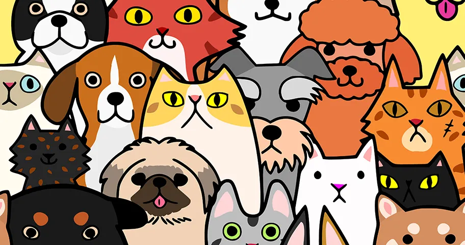 Cartoon illustration of cat and dog faces