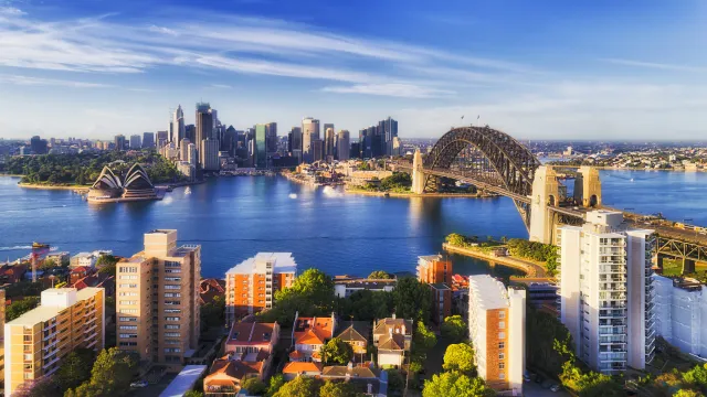 View of Sydney Harbour Bridge and Opera House from the northern suburbs