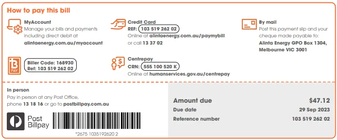 Alinta Energy electricity bill example