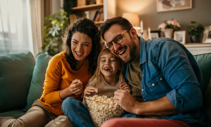 Happy family watching TV together.