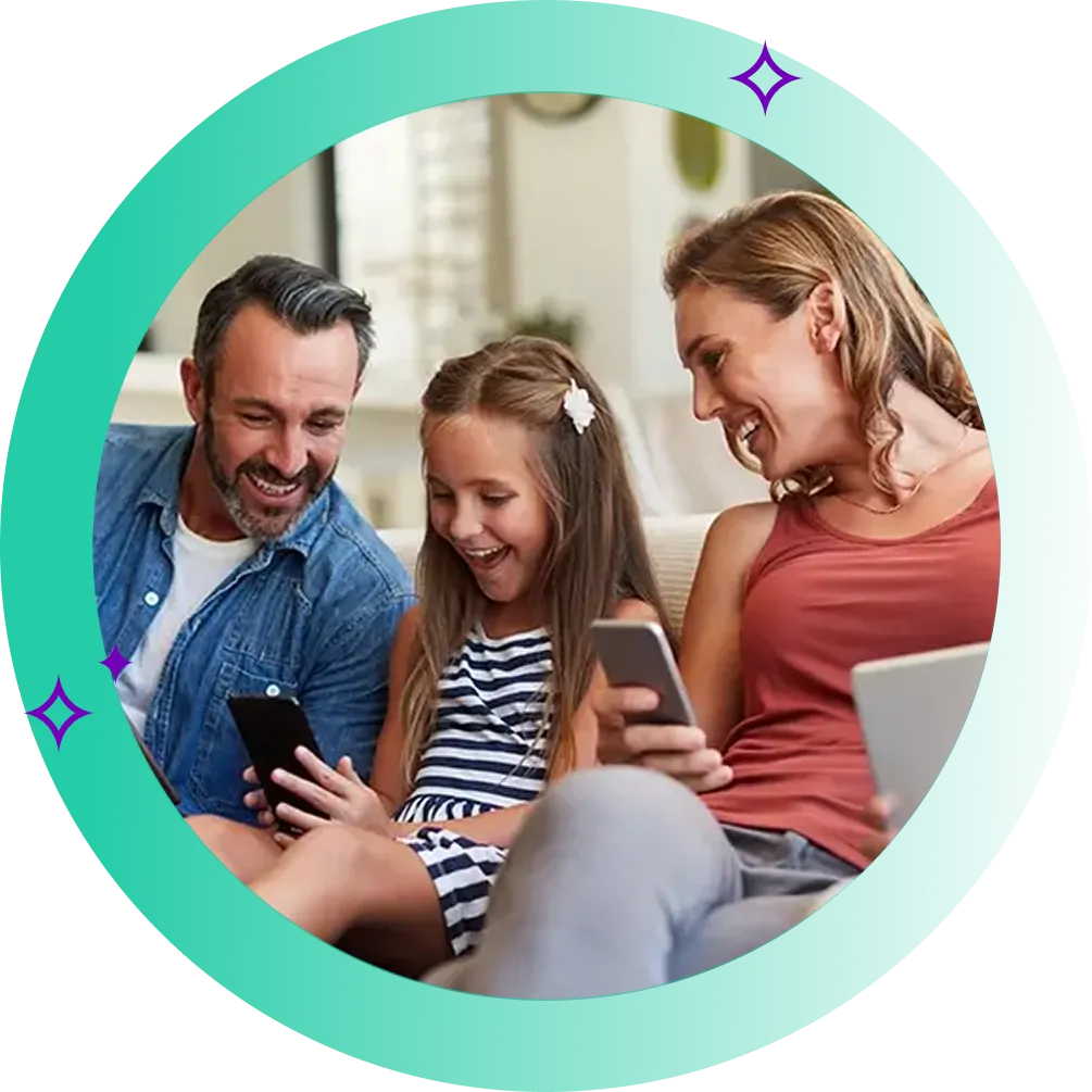 Family looking at phone device with daughter