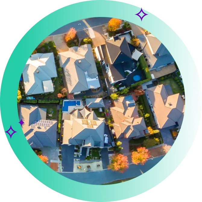 An aerial view of a block of houses.