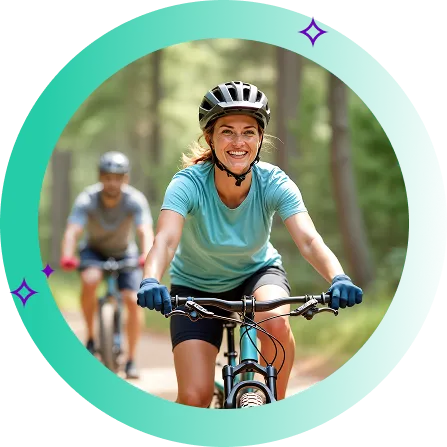 Healthy woman happily mountain biking