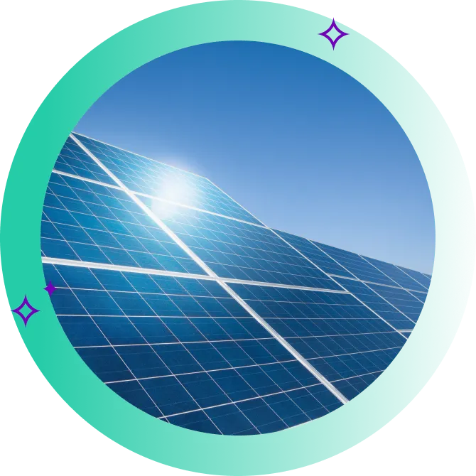 Close up of installed solar panels with the sun shining down on the panels