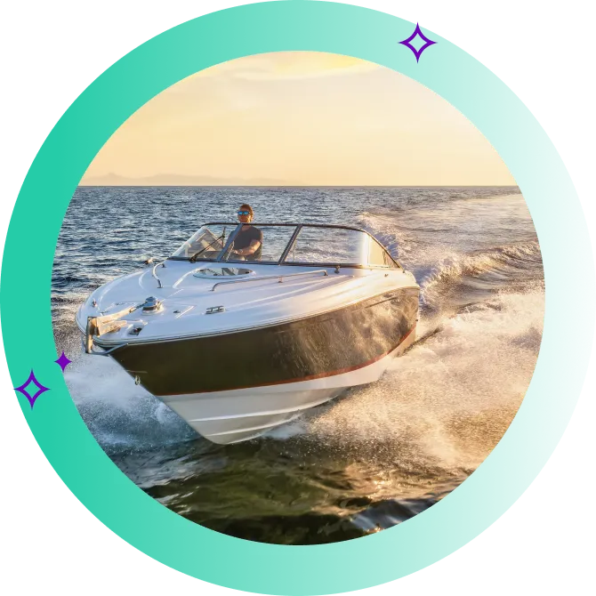 A man happily steering his yacht after taking out a personal loan for his boat