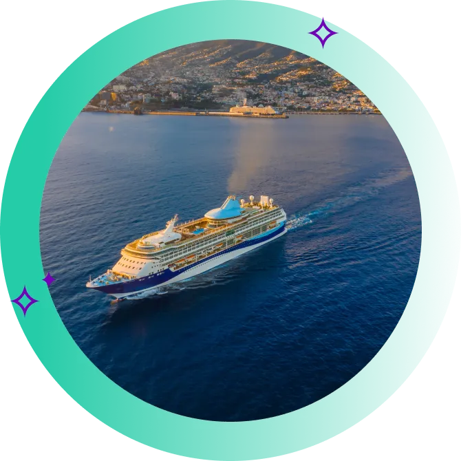 A scenic shot of a cruise ship after it has departed from a port city