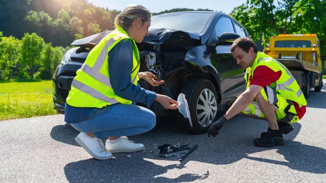 Tow truck Service driver and a woman in safety vests inspecting damage to a car's front wheel and bumper