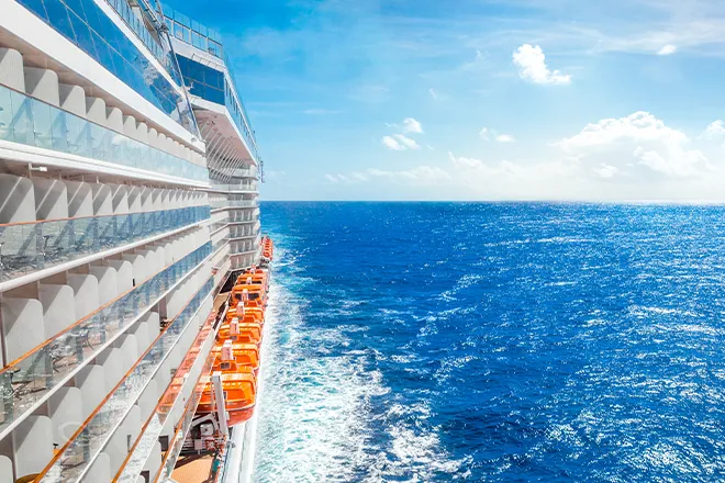 Side of large liner at sea