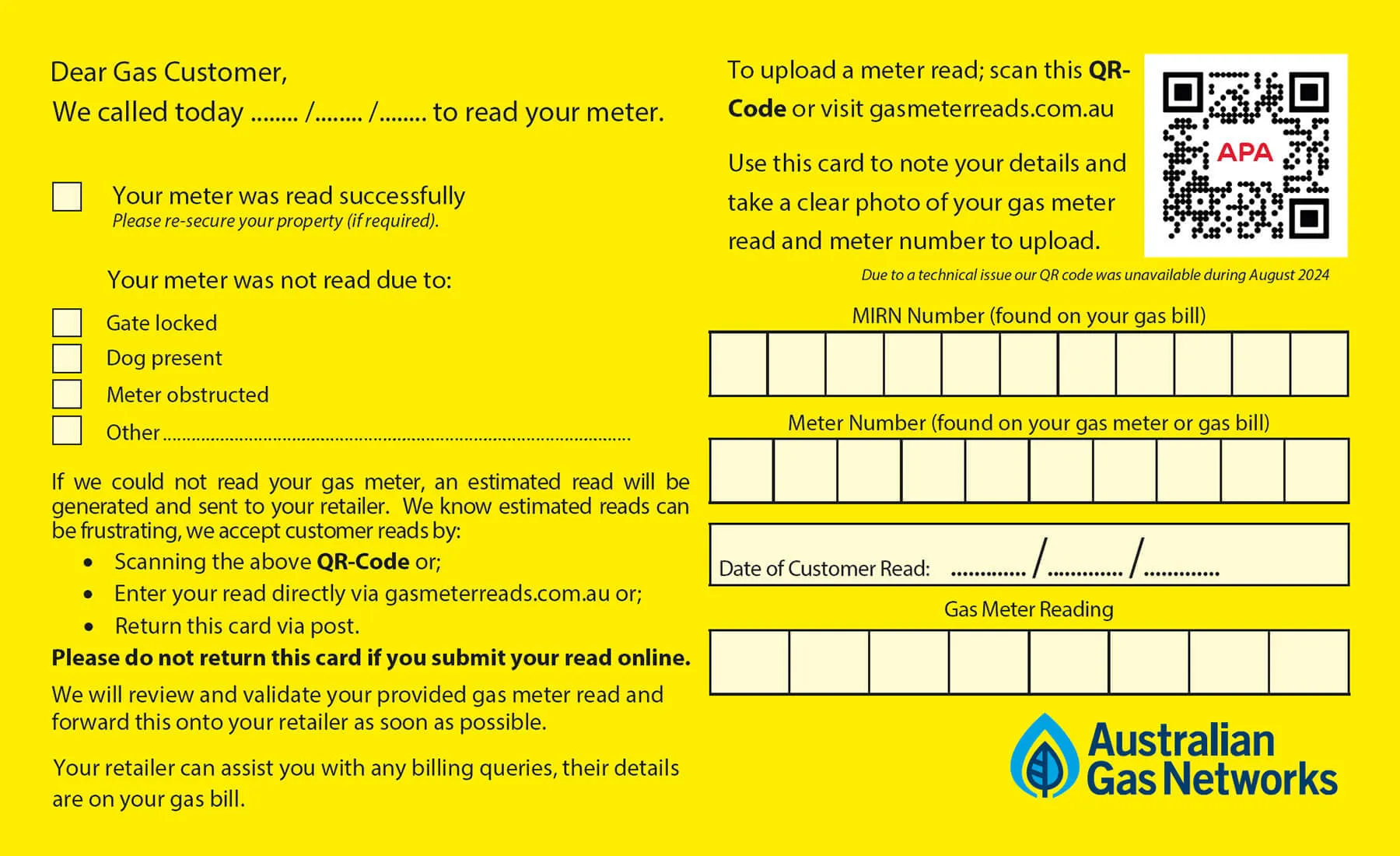 AGN gas meter read card