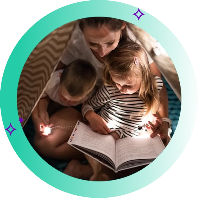 Mother and children in home tent