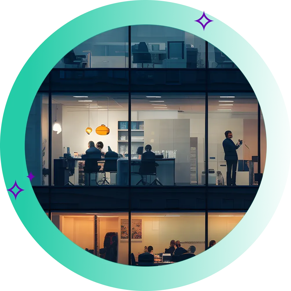 A business office at night through window panes