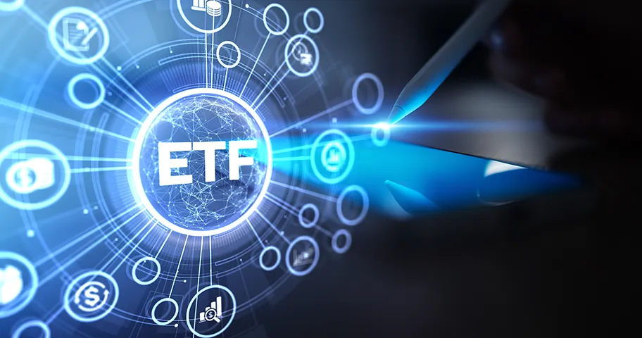 Finance graphic featuring the letters ETF in centre