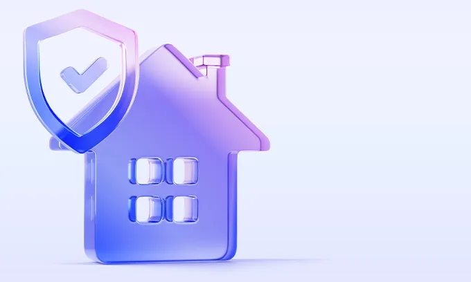 Graphic of 2D purple home with tick in shield signifying home insurance cover