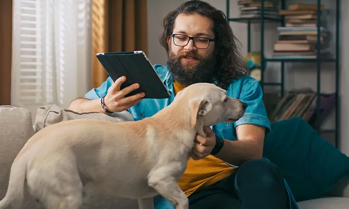 Bearded young man with dog on sofa in lounge checking tablet computer