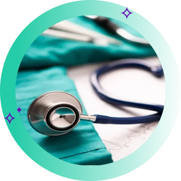 Doctor's stethoscope rests on scrubs
