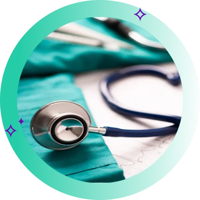 Doctor's stethoscope rests on scrubs