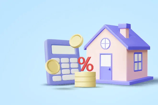 Graphic of home, calculator, coins and percentage sign.