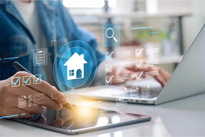 Graphic of person comparing home loan options on laptop and tablet.