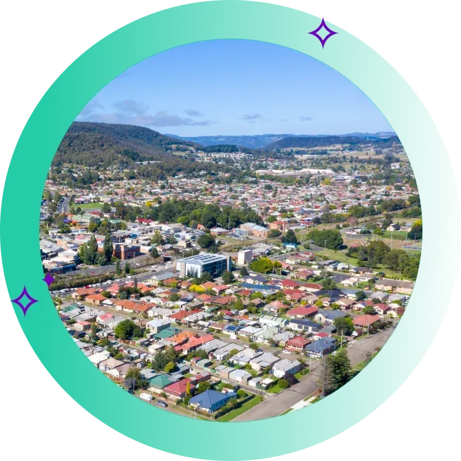Aerial view of town's homes