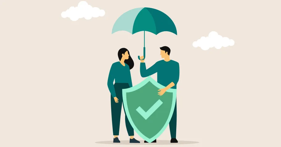 Graphic of couple under umbrella with shield depicting insurance cover