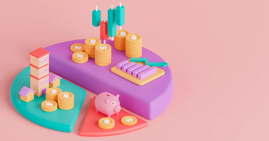 Pie chart graphic displaying graphs, coins and piggy bank