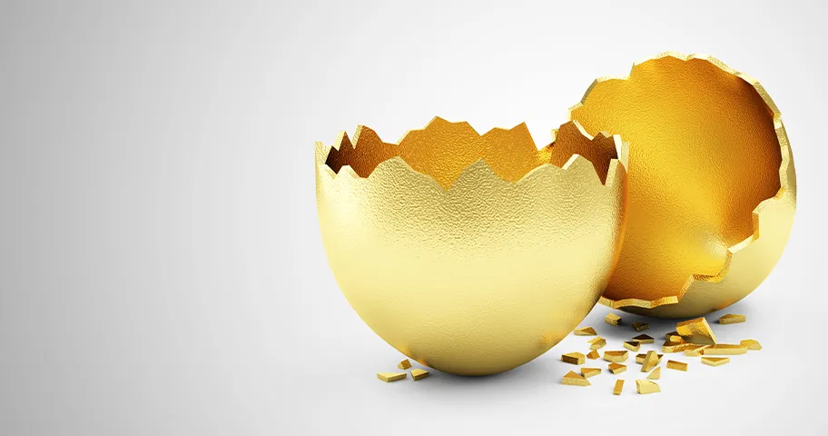 Broken golden eggshell, representing lost investments