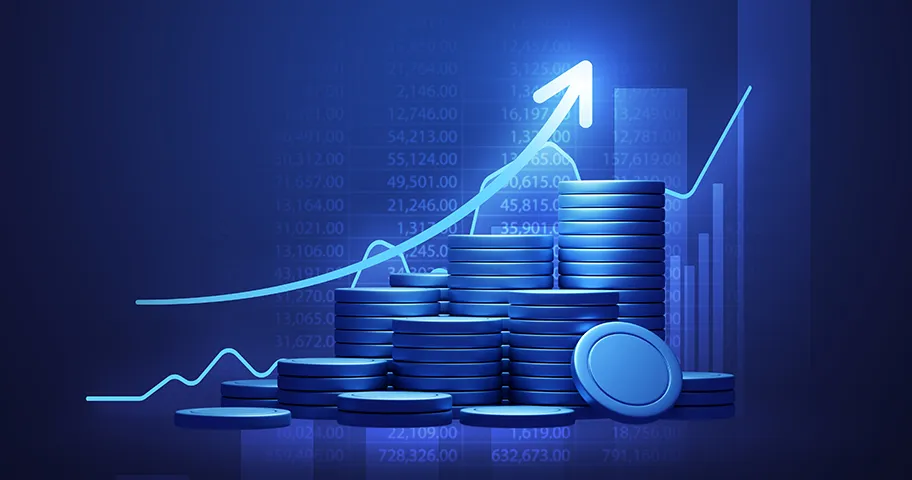 Rising arrow graphic in front of pile of coins and stock prices.