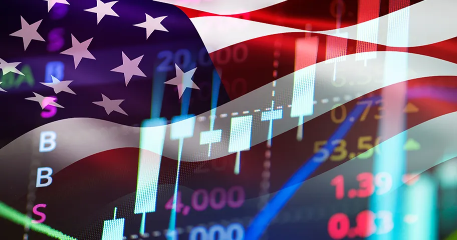 US flag and stock prices graphic