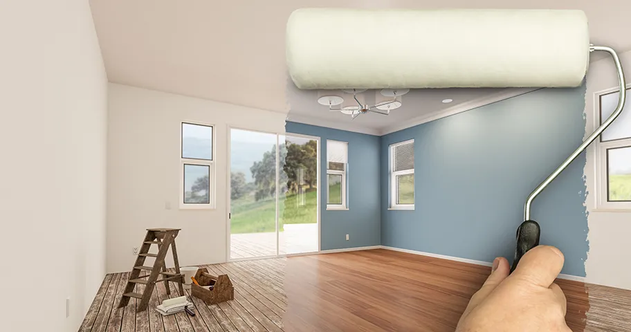 Before and after of paint roller to reveal remodeled room