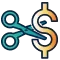 Icon of scissors cutting down on dollar sign