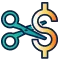Icon of scissors cutting down on dollar sign