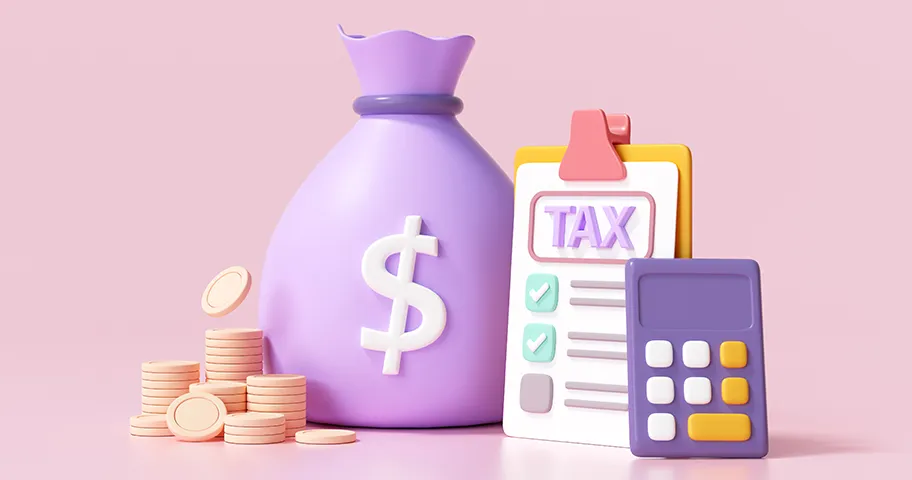 Graphic of money bags, coins, calculator and tax form.