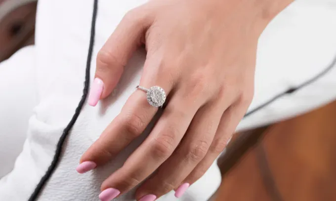 A diamond ring on a lady's hand representing the title, "jewellery insurance".