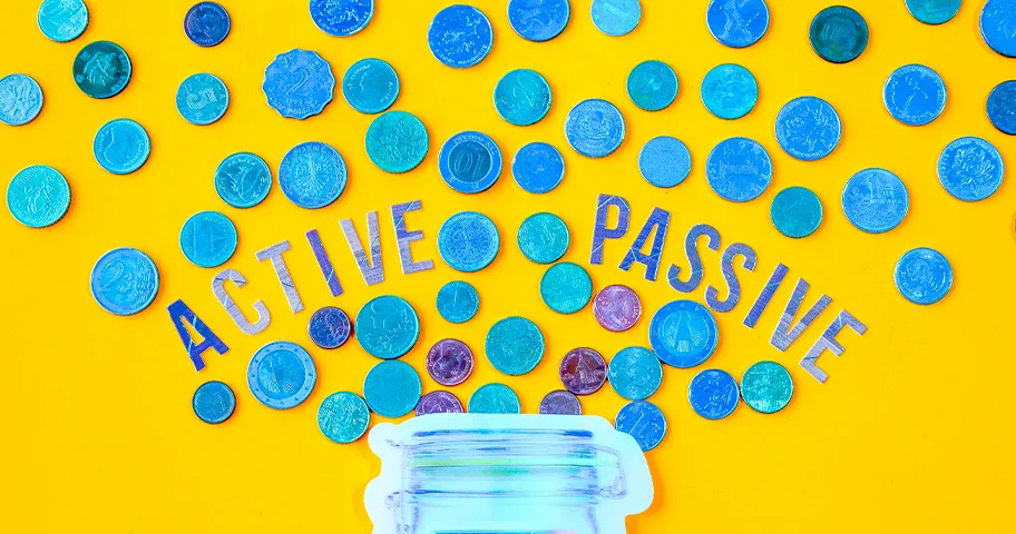 Active vs passive investing graphic with coins and savings jar