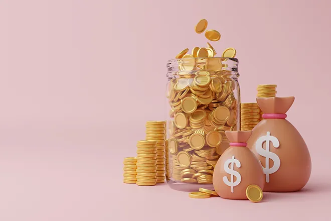Illustration of jar and money bags full of gold coins.