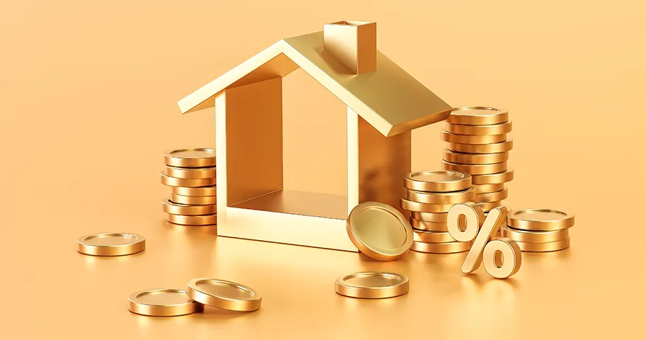 Graphic of gold house icon, coins and percentage symbol.