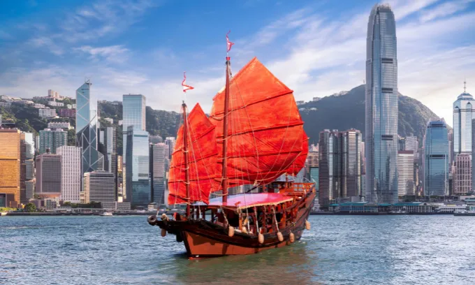 Red vintage sailboat in Hong Kong