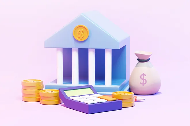 Colourful illustration of bank, calculator and coins