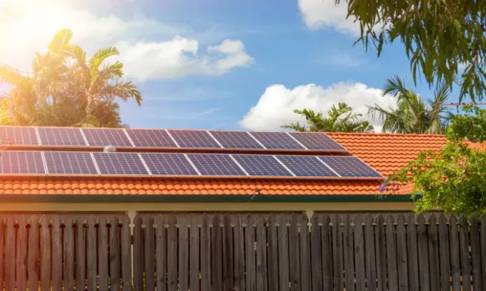 Solar panels on top of a house in residential Australia.
