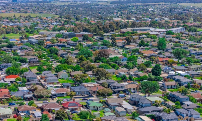 Panoramic aerial drone view of Northern Melbourne Suburbs.