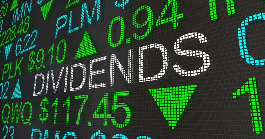 Graphic of showing stock prices and the word dividends.