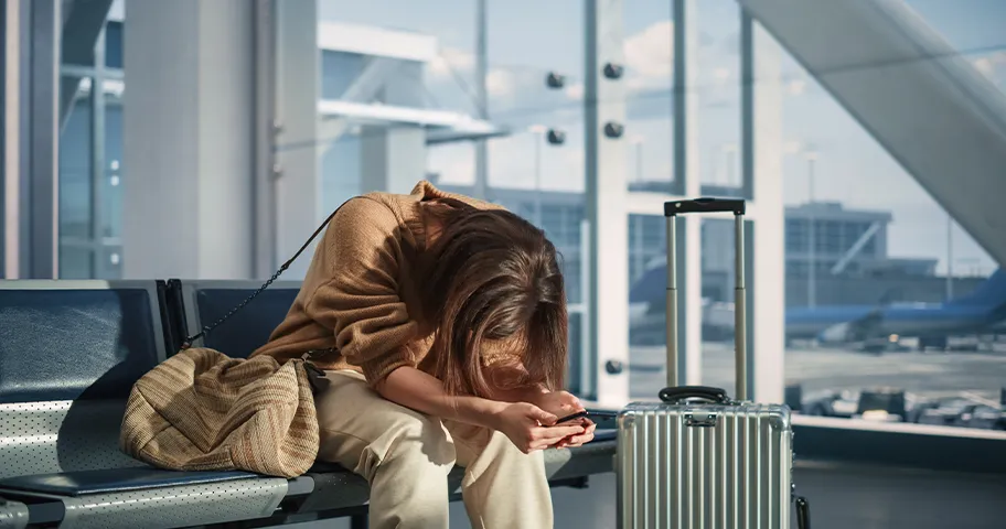 Despairing woman with head down at airport gate