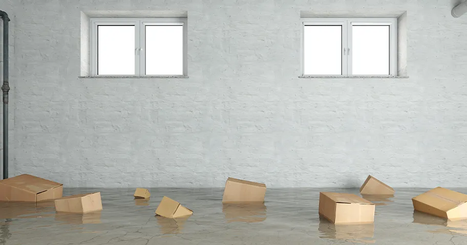 Flooded basement with floating packing boxes