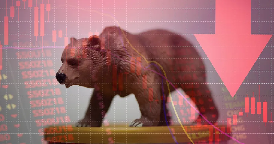 Falling stock market graphic set over model of a bear