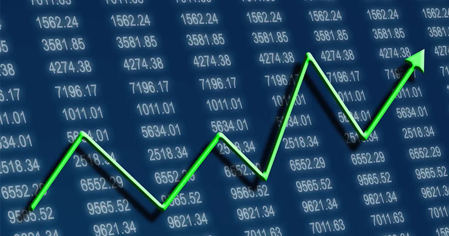 Rising falling arrow over list of stock prices.