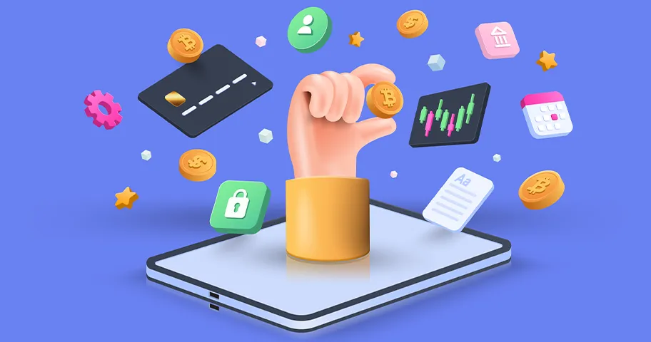 Cryptocurrency transaction and mobile banking infographic.