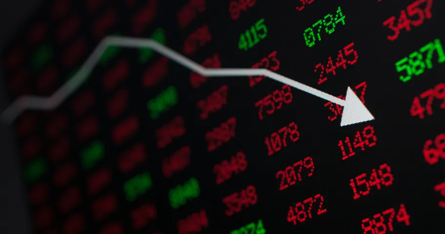 Falling arrow over list of red stock prices.